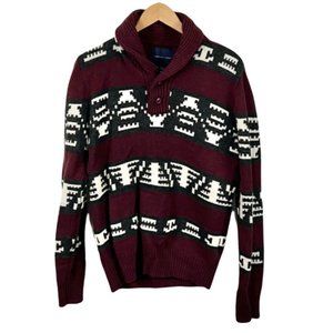 American Eagle Mens Red Shawl Neck Pullover Sweater Size Small Aztec Tribal